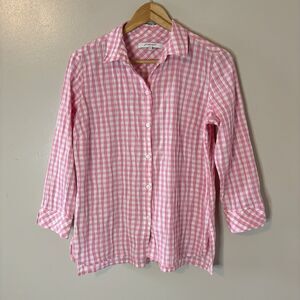 FoxCroft NYC Pink Plaid Button Up Top Pleated Textured Blouse Womens Sz 6